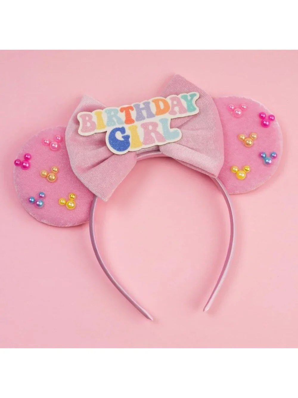 Women Soft Pink Velvet Cotton Candy Inspired Mickey Mouse Hair Headband